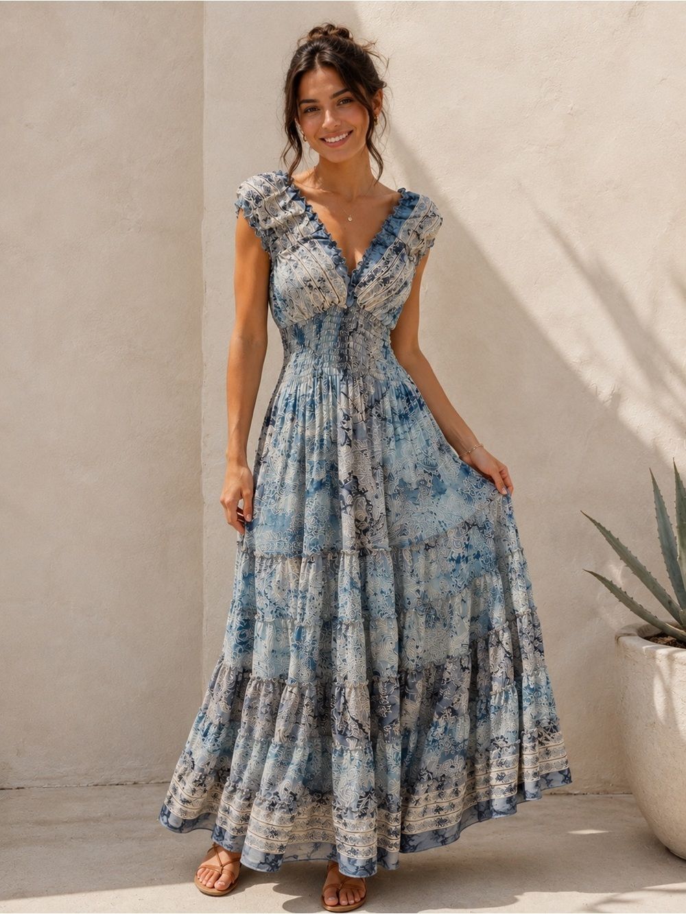Blue Paisley Boho Maxi Dress Smocked Waist Tiered Ruffle Cottagecore